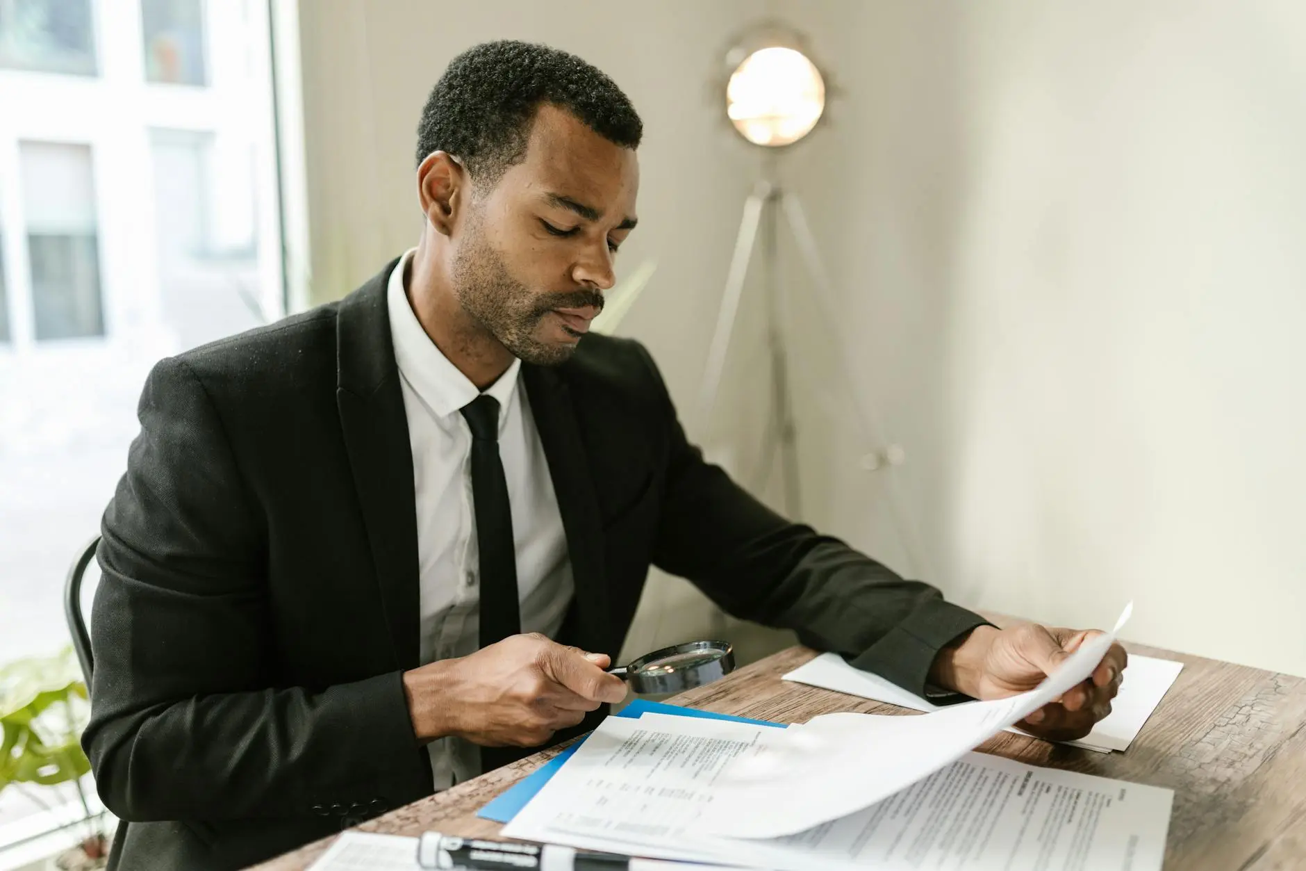 Professional examining paperwork with magnifying glass at office desk