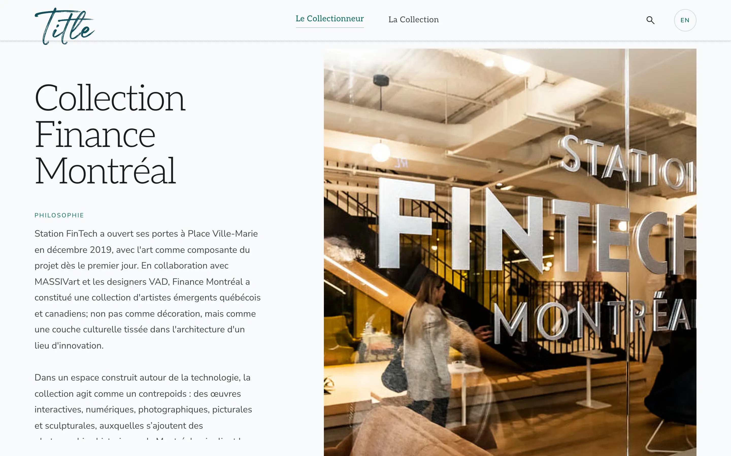 La page d’accueil de la salle d’exposition de Finance Montréal.